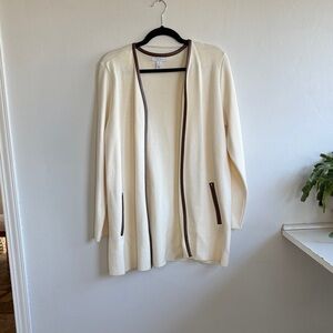 Cream Open Front Cardigan with Brown Trim